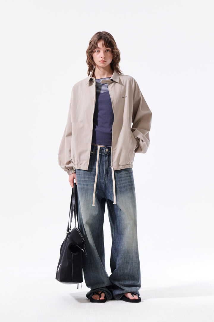 Matin Kim Small Logo Cotton Zip-Up Jumper — Beige