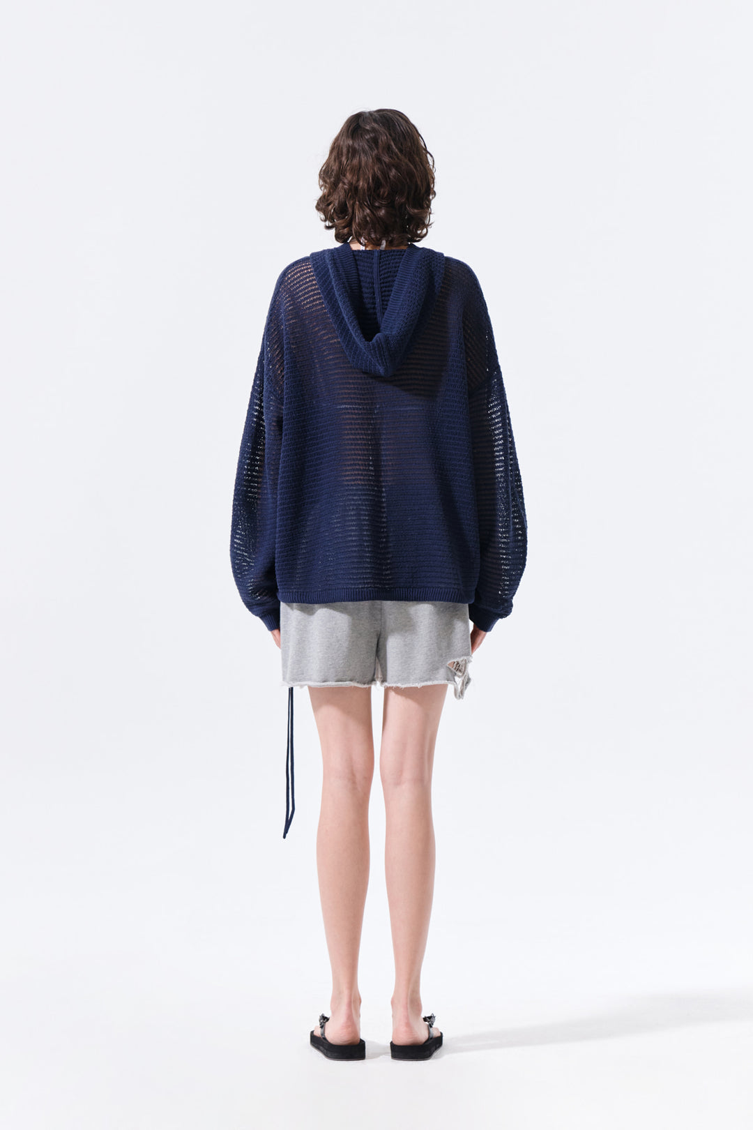 Matin Kim Oversized Mesh Knit Hoodie — Navy blue