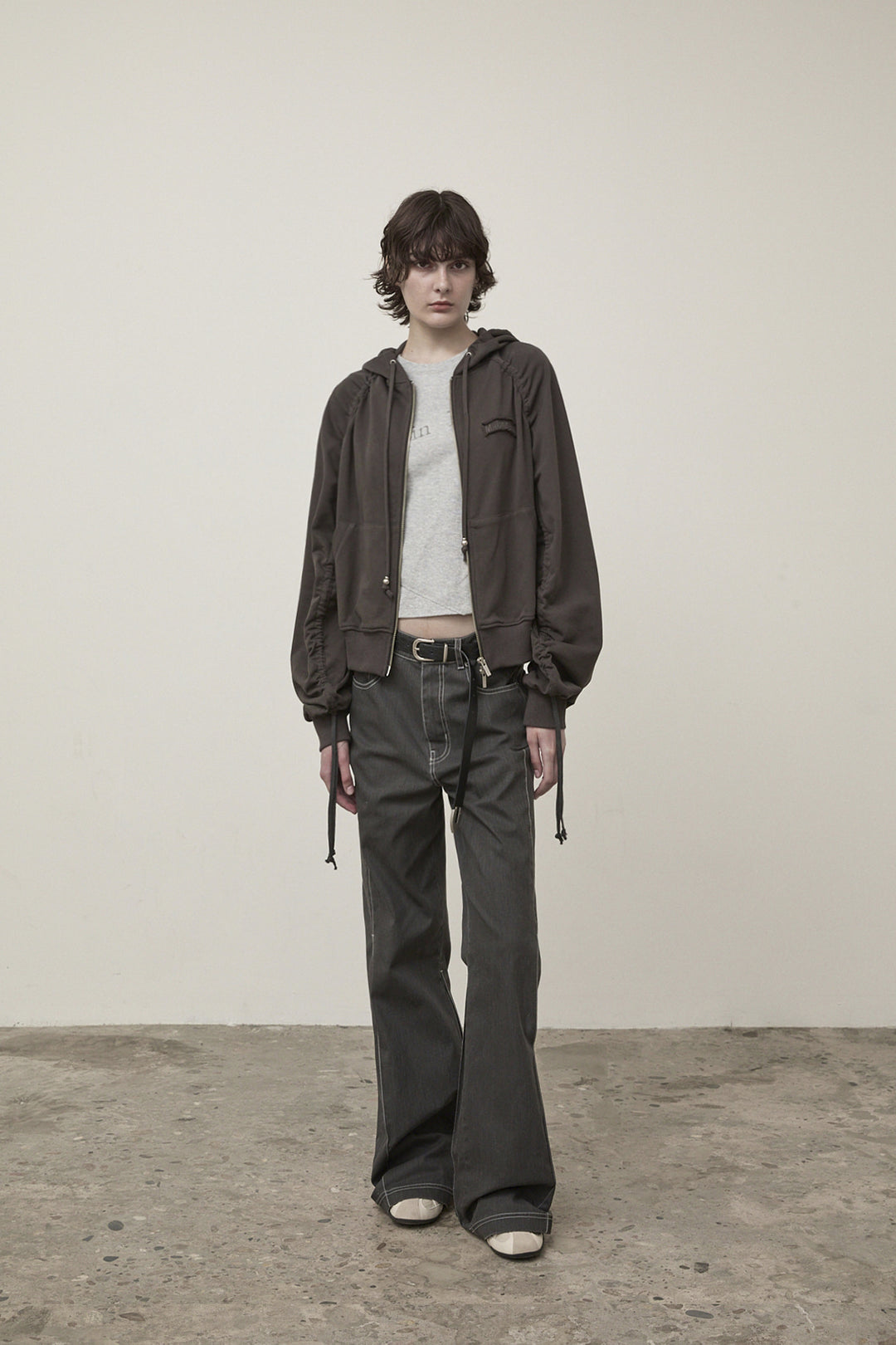 Matin Kim Sleeve String Detail Zip Hoody — Charcoal
