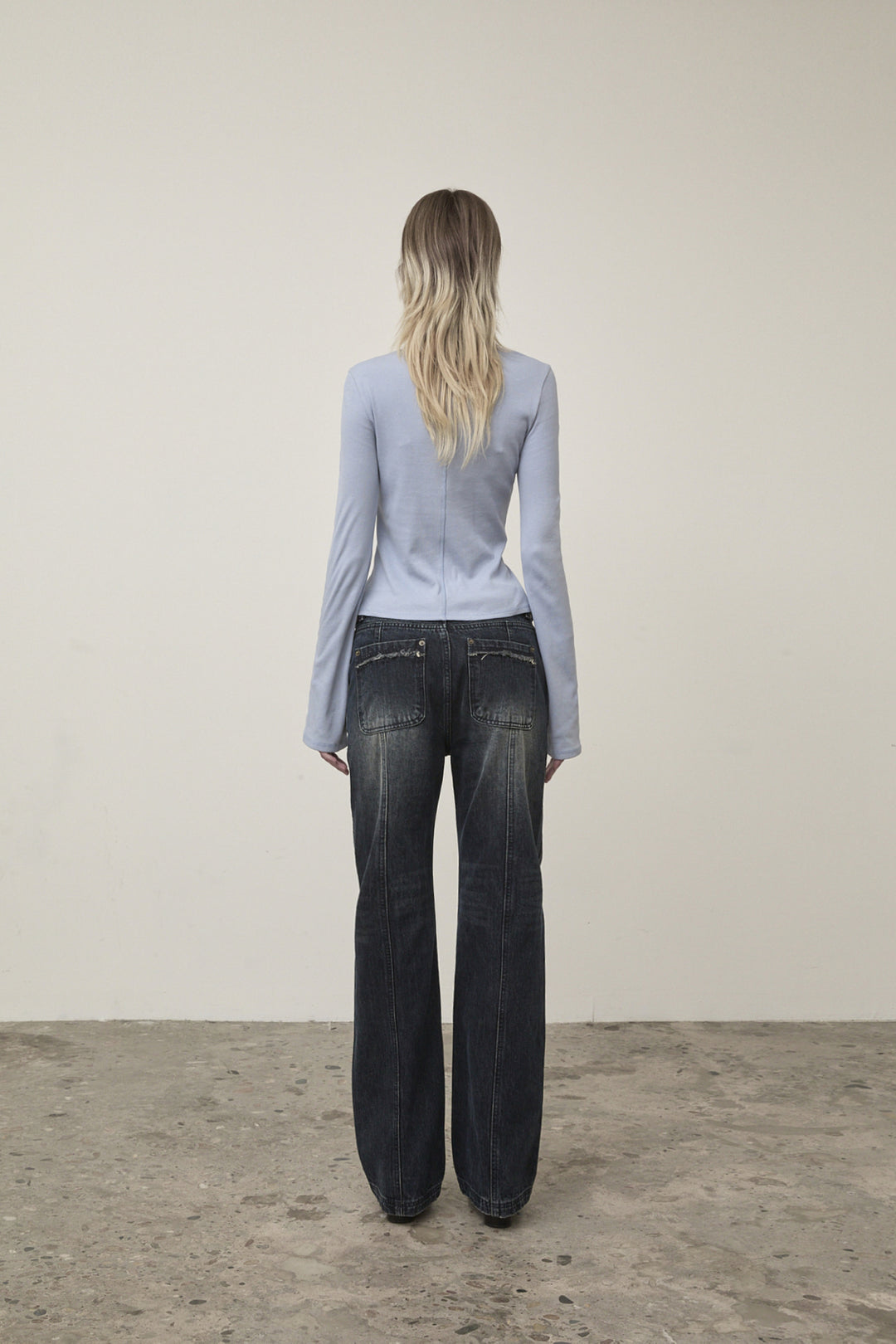 Matin Kim Semi Boots Cut Washed Denim — Navy blue