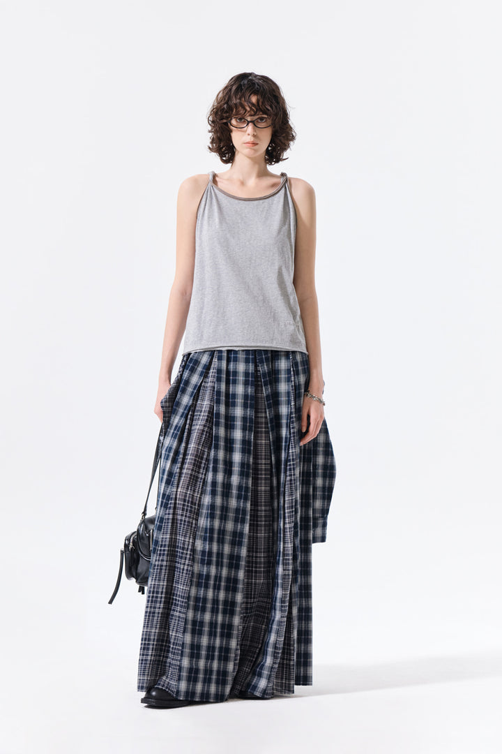 Matin Kim Mixed Check Sleeve Tie Flare Skirt — Navy blue