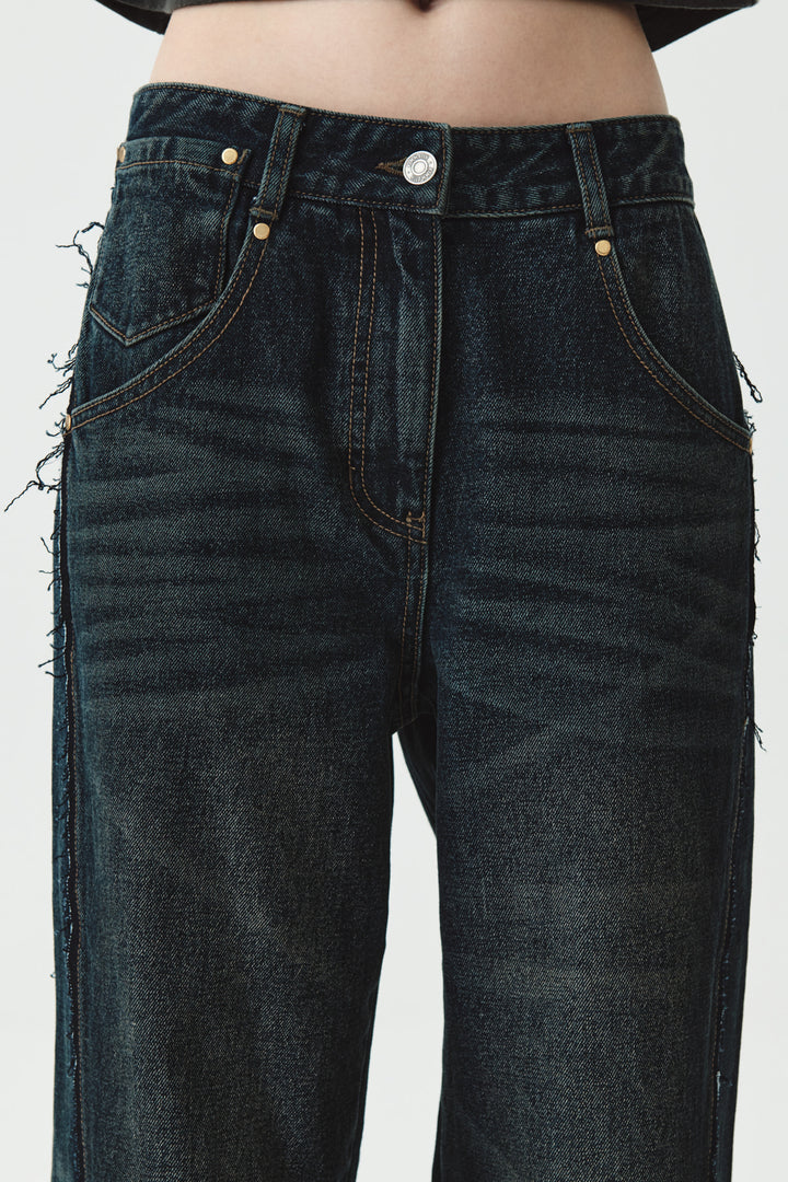 KIMMATIN Washed Cut Out Wide Denim — Navy blue