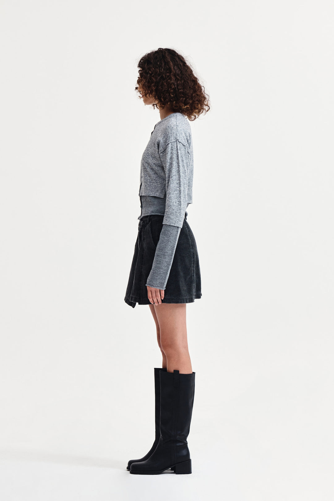 Matin Kim Layered Texture Knit Cardigan — Gray