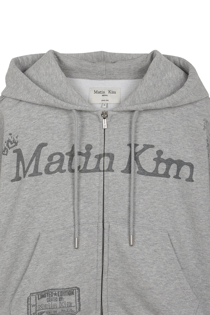 Matin Kim Graffiti Artwork Crop Hoody Zip Up — Gray