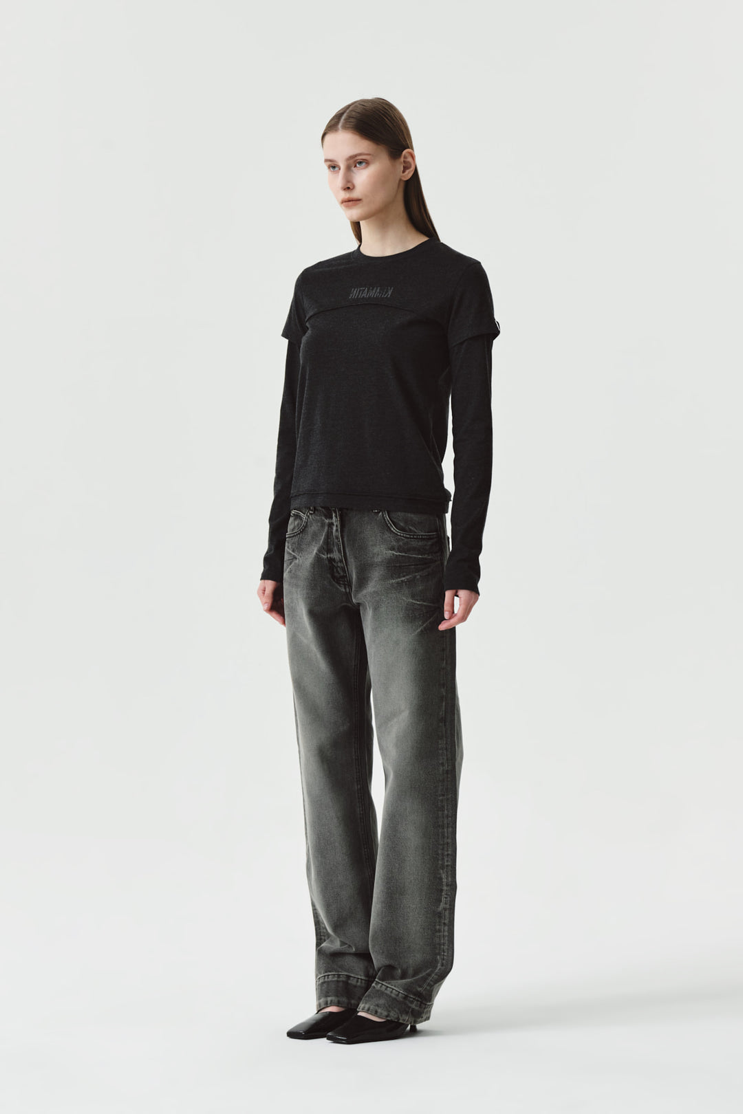 KIMMATIN Double Hem Washed Denim Pants — Gray