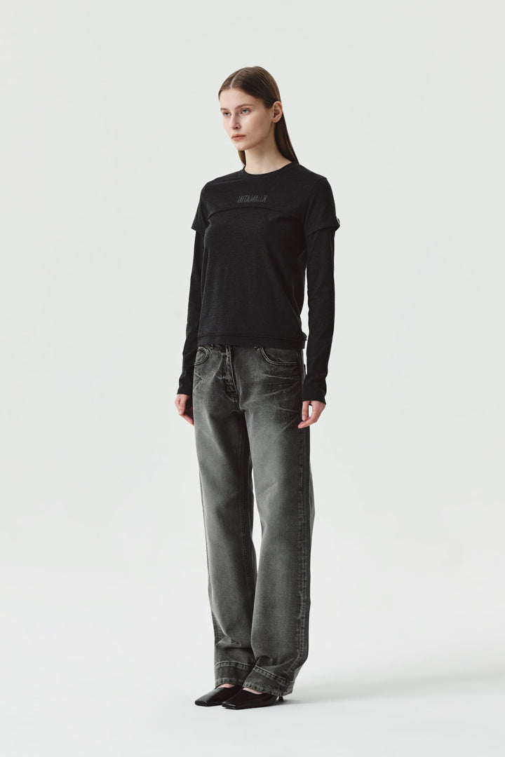 KIMMATIN Double Hem Washed Denim Pants — Gray