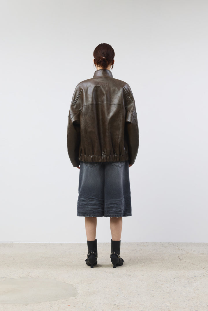KIMMATIN Oversize Leather Biker Jumper — Brown