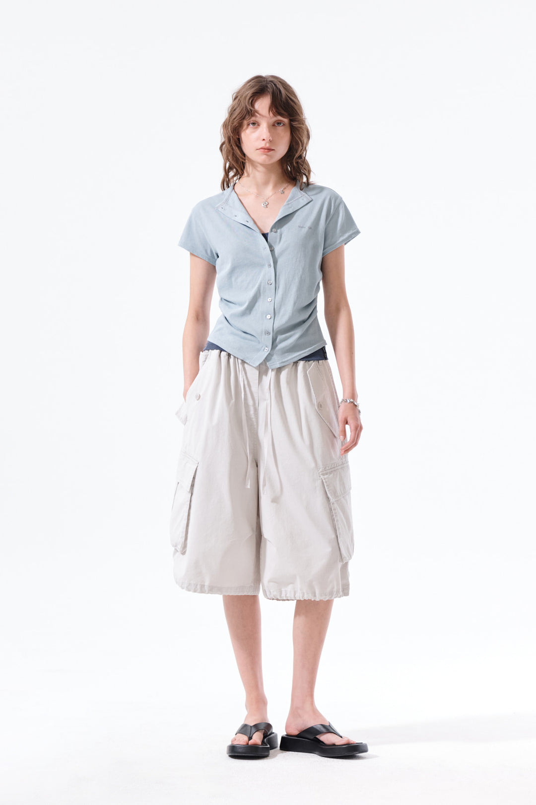 Matin Kim Washed Cotton Patch Pocket Bermudas — Light Grey