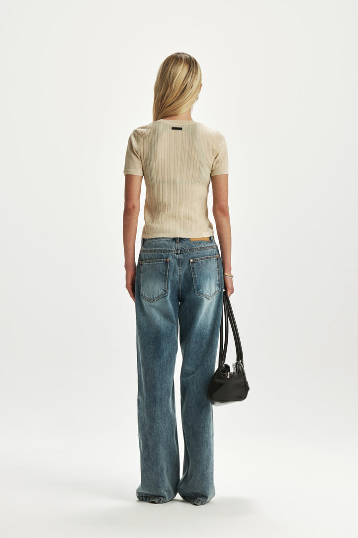 KIMMATIN Sheer Half Sleeve Knit Top — Ivory