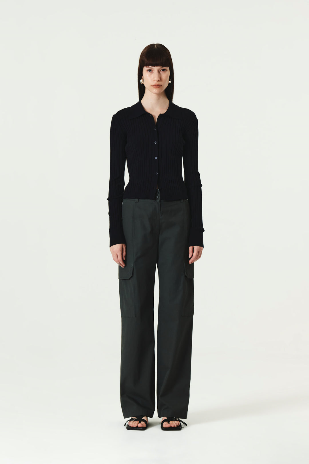 KIMMATIN Collar Point Ribbed Button Knit Cardigan — Navy blue