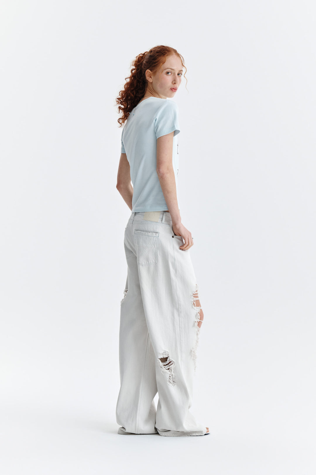 Matin Kim Patchwork Graphic Logo Tee — Light Blue