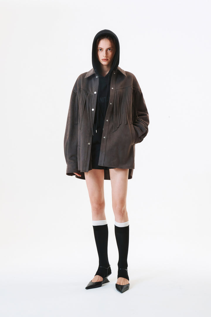 KIMMATIN Suede Fringe Jacket in Dark — Gray