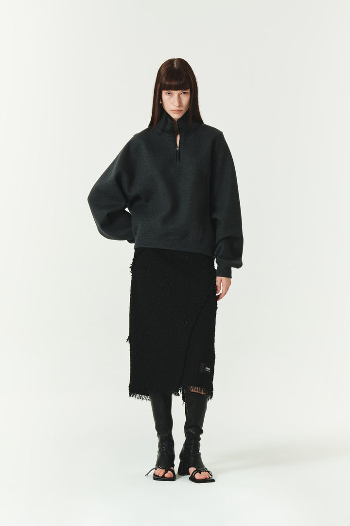 KIMMATIN Unbalance Tweed Crop Jacket — Black