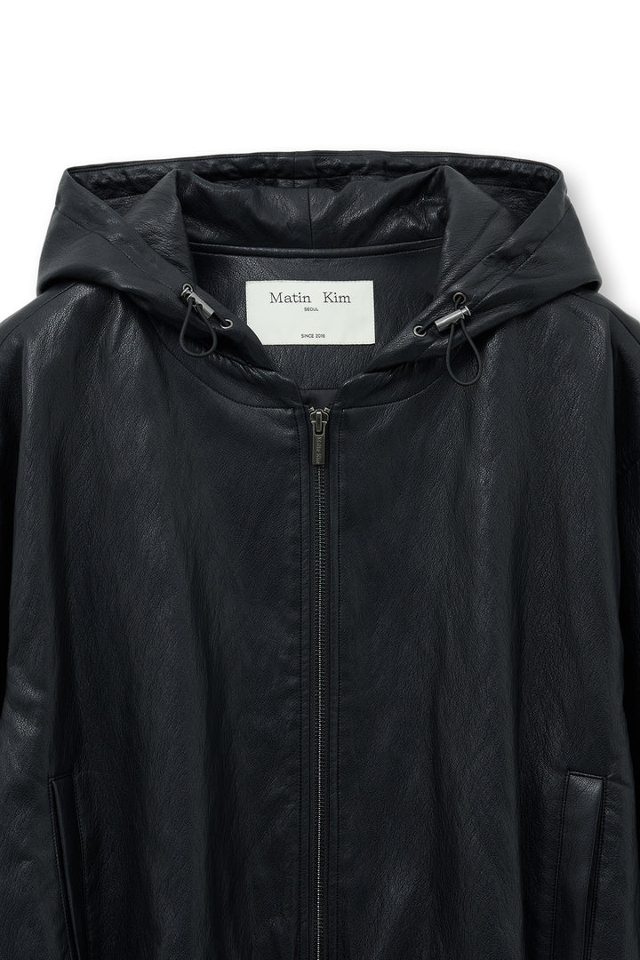 Matin Kim Faux Leather Hoody Crop Jumper — Black