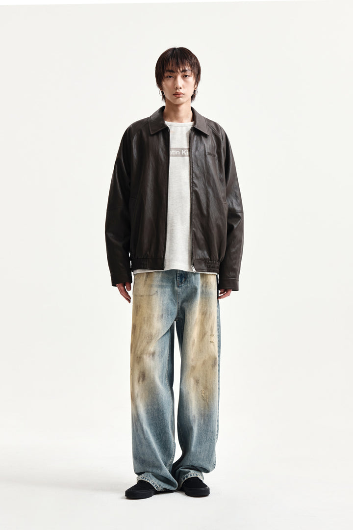 Matin Kim Small Logo Faux Leather Zip-Up — Brown