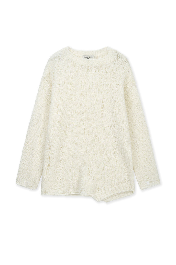 Matin Kim Asymmetric Damaged Knit Pullover — Ivory