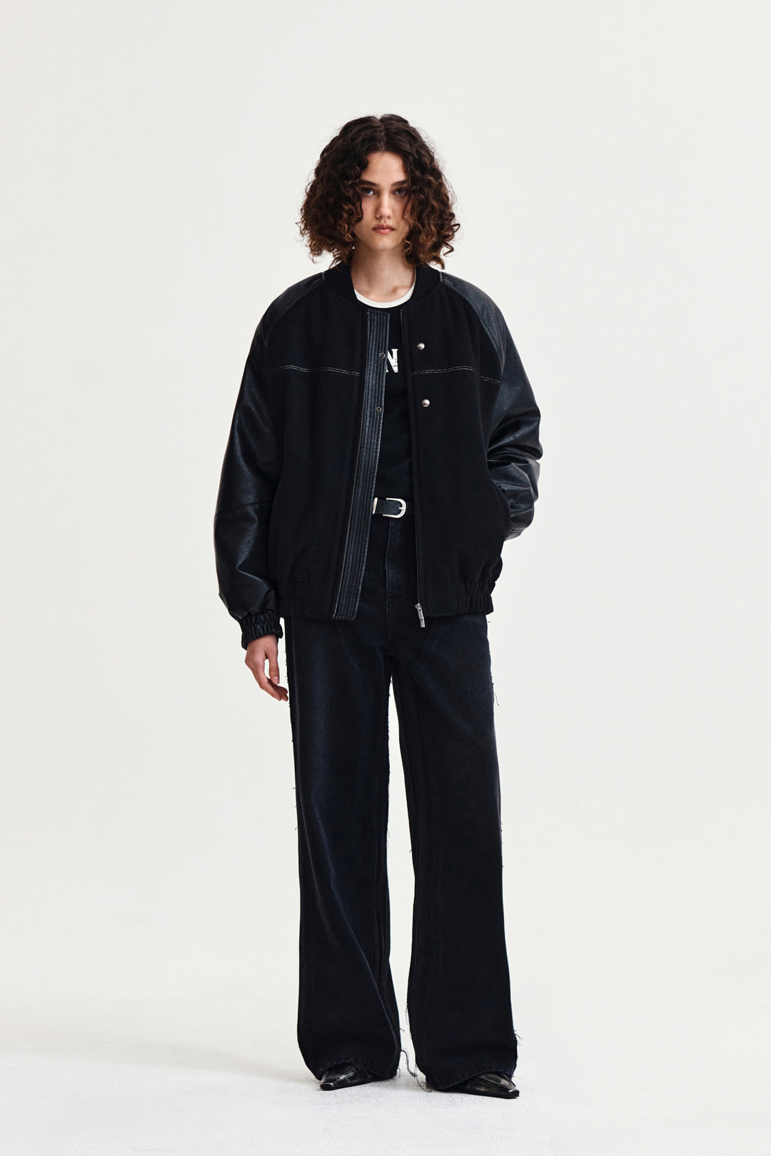 Matin Kim Faux Leather Point Jumper — Black