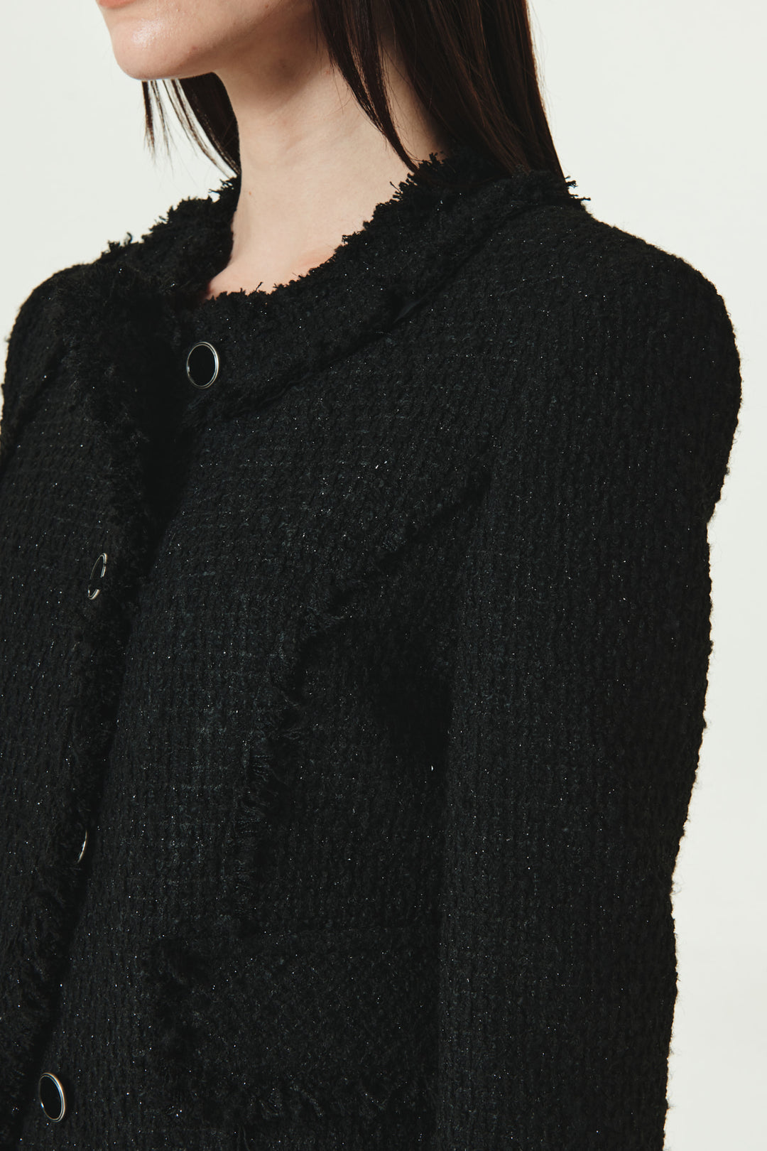 KIMMATIN Unbalance Tweed Crop Jacket — Black