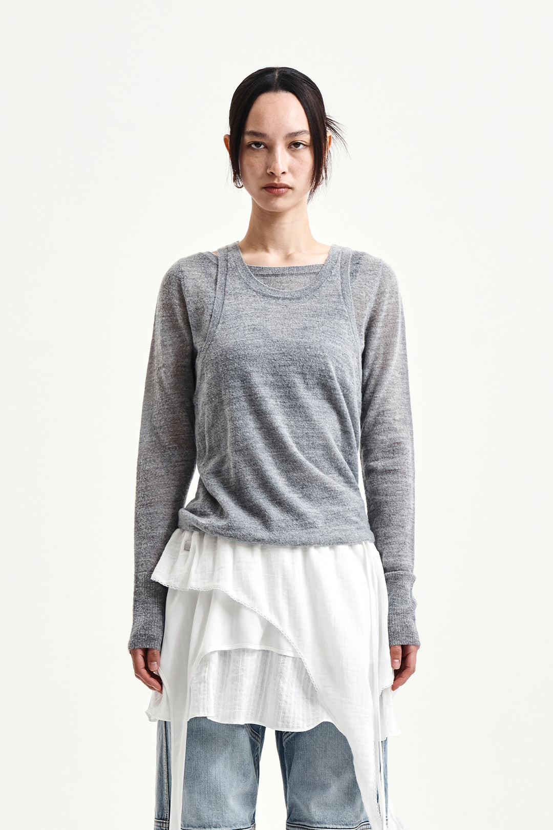 Matin Kim Mohair Layered Knit Pullover — Light Grey