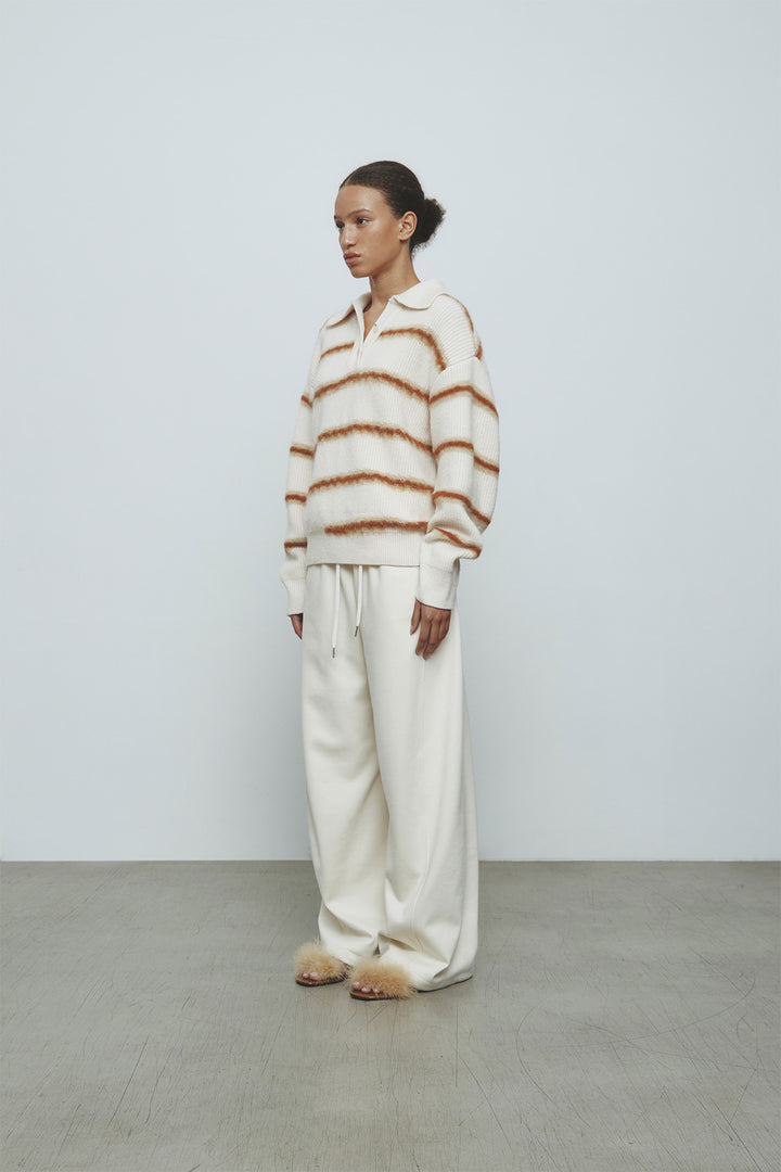 KIMMATIN Hairy Stripe Piqué Knit Top — Ivory