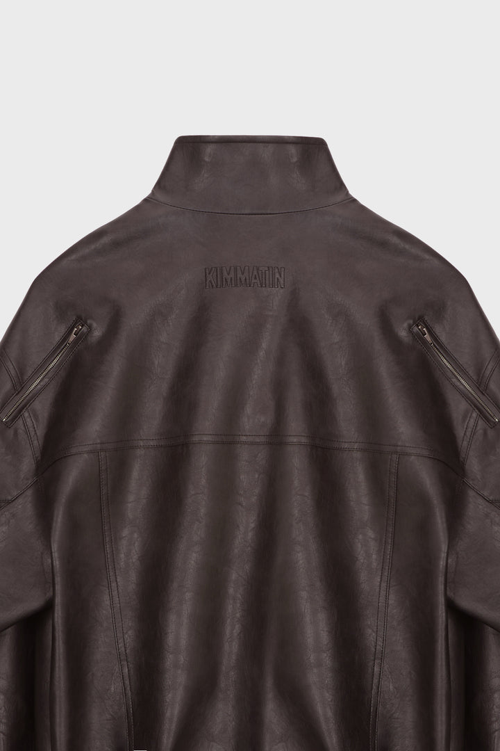 KIMMATIN Oversize Leather Biker Jumper — Brown