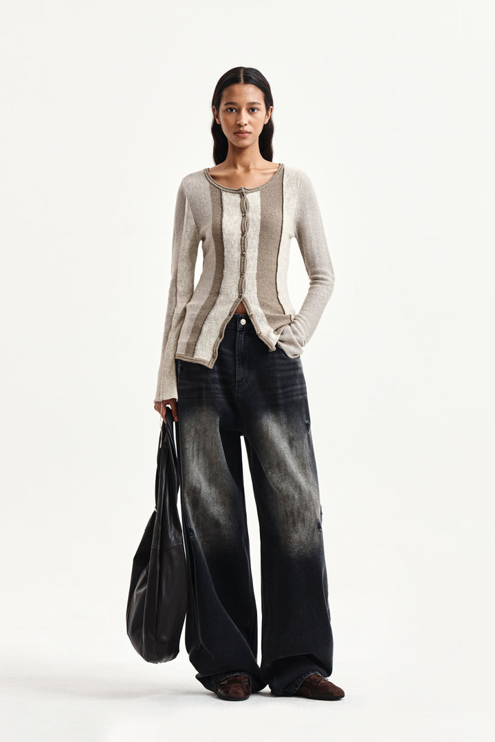 Matin Kim Color Block Slim Knit Cardigan — Beige