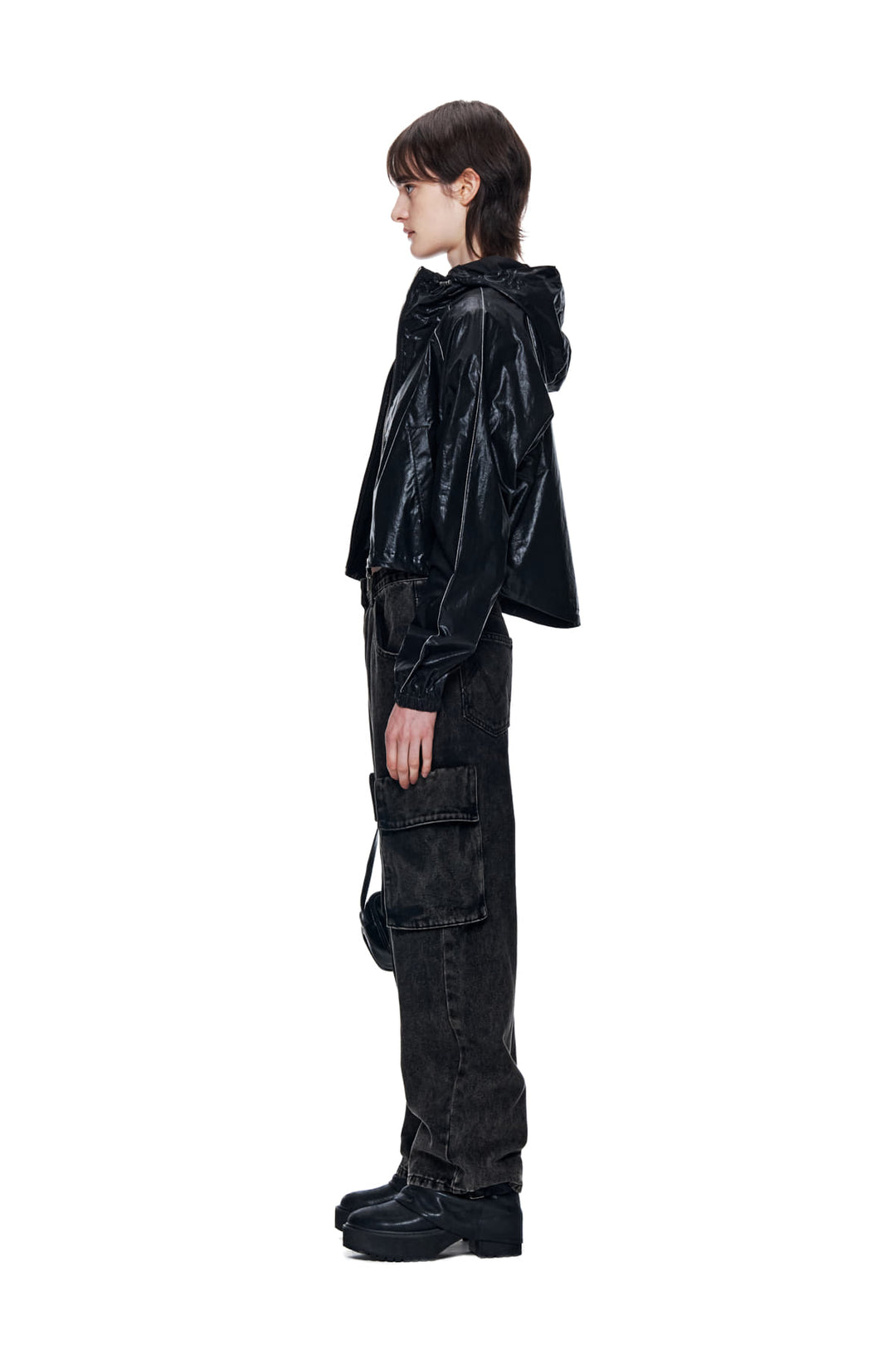 Matin Kim Crop Hoody Coating Jumper — Black