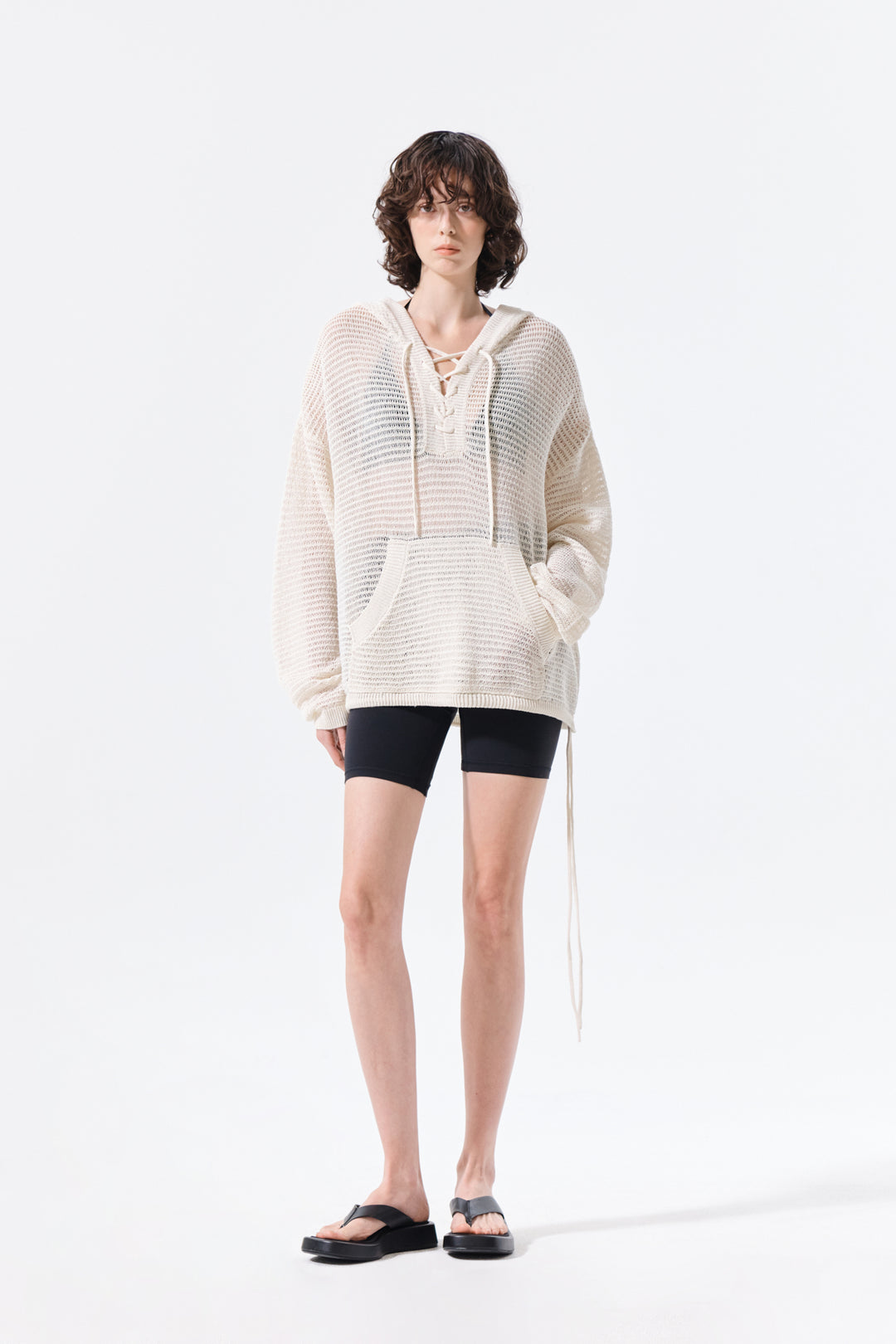 Matin Kim Oversized Mesh Knit Hoodie — Cream