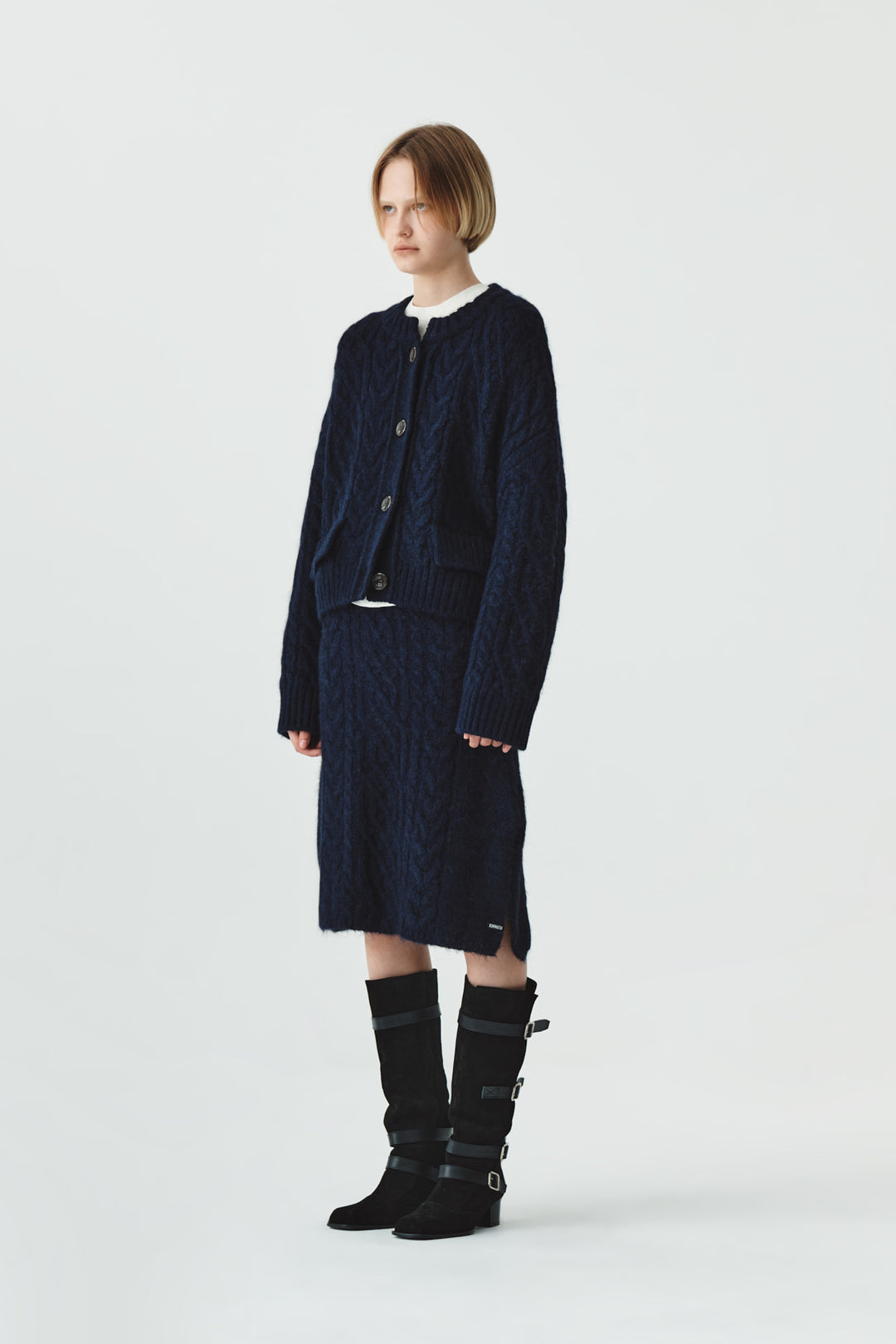 KIMMATIN Wide Cable Midi Knit Skirt — Navy blue