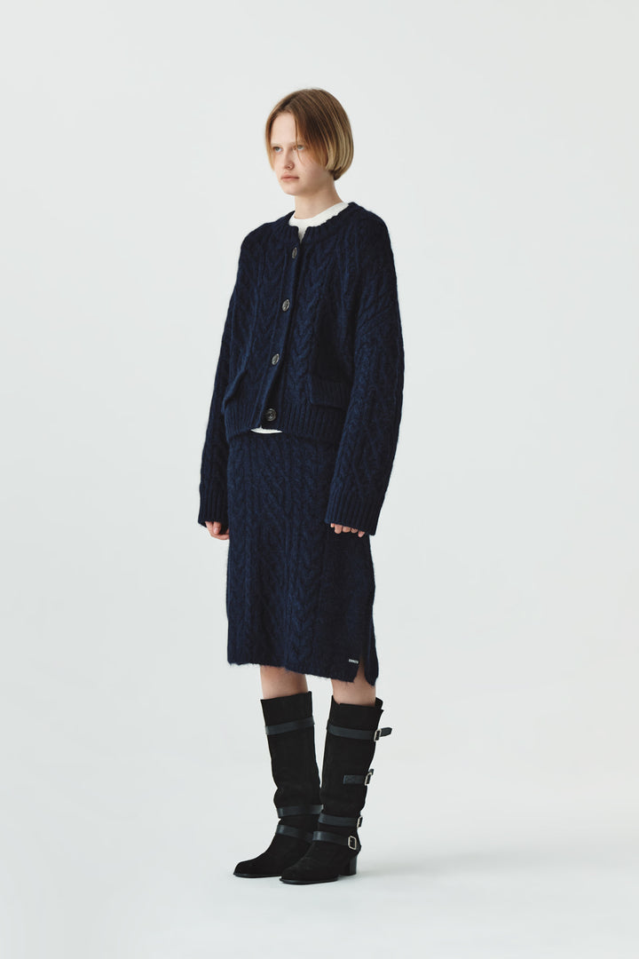 KIMMATIN Wide Cable Midi Knit Skirt — Navy blue