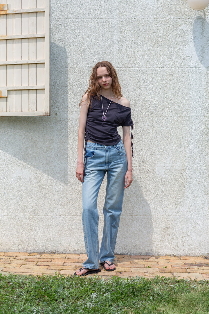 Matin Kim String Off-Shoulder Slim Top — Charcoal