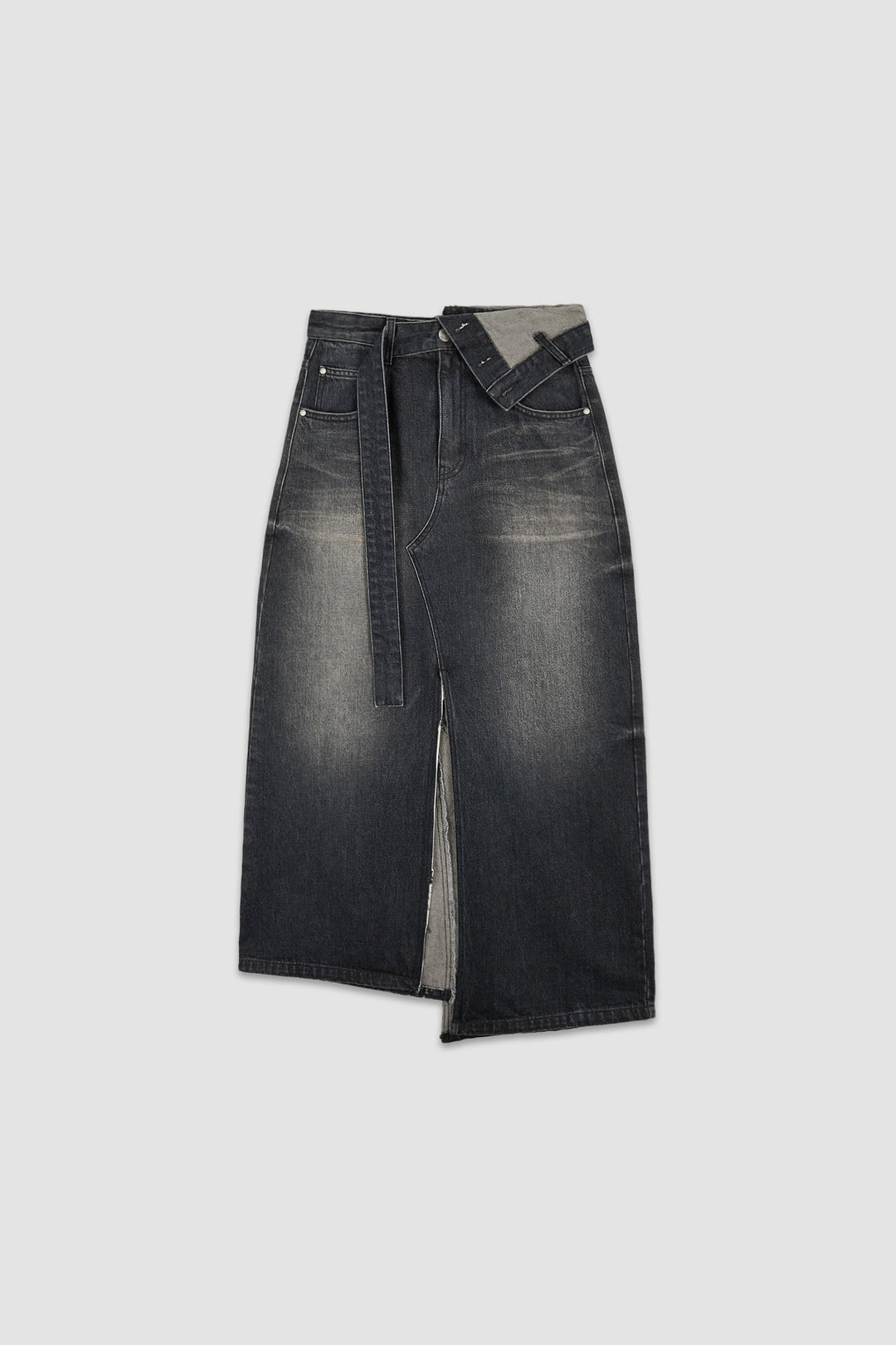 KIMMATIN Foldover Vintage Washed Denim Skirt — Black