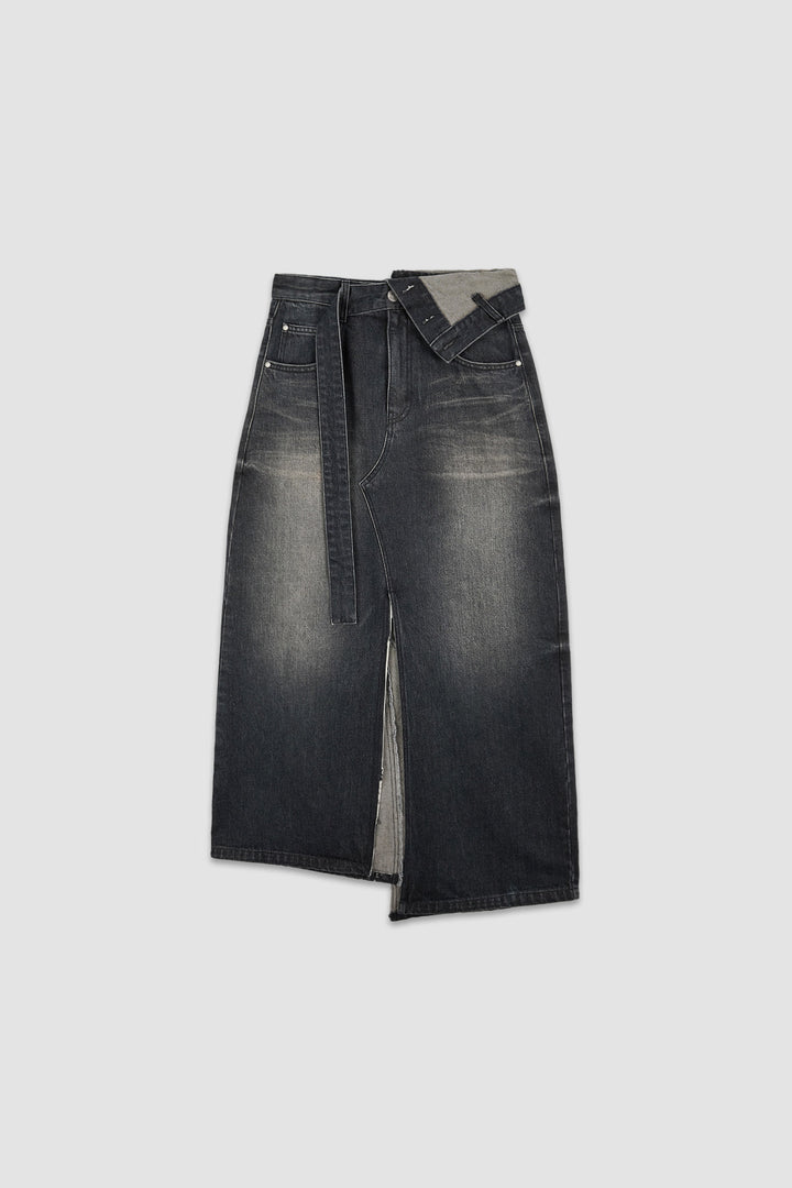 KIMMATIN Foldover Vintage Washed Denim Skirt — Black