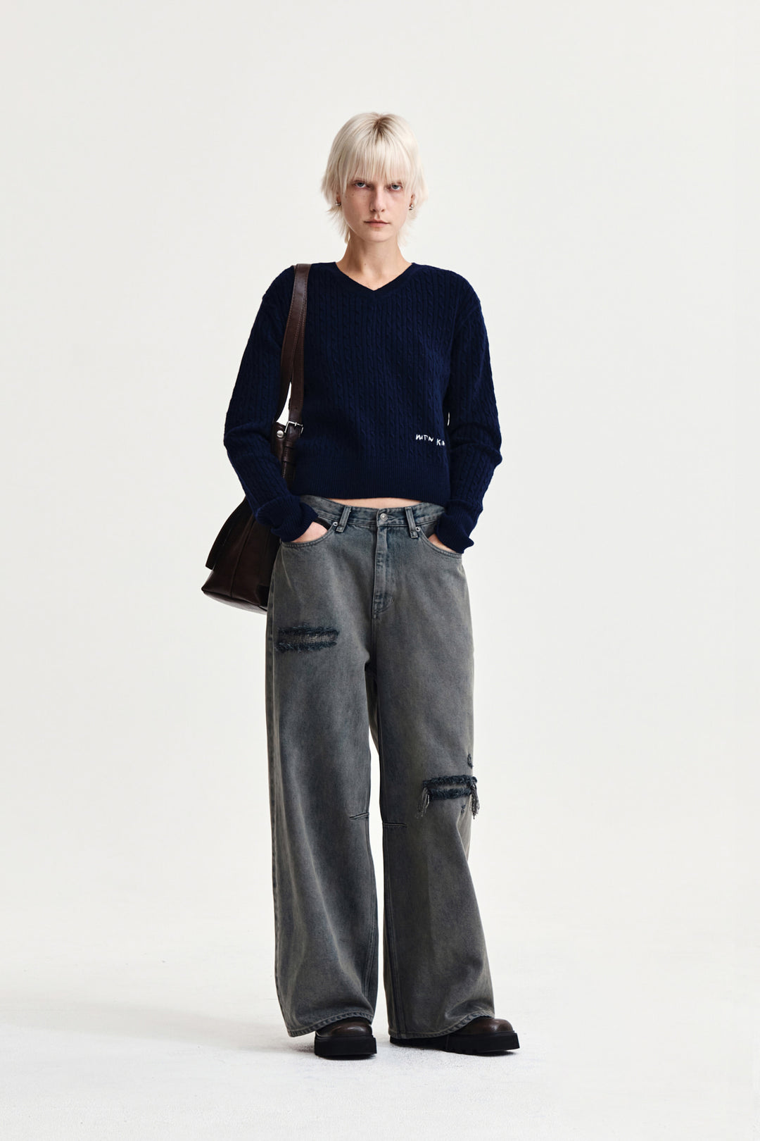 Matin Kim Shiny Cable Pullover — Navy blue