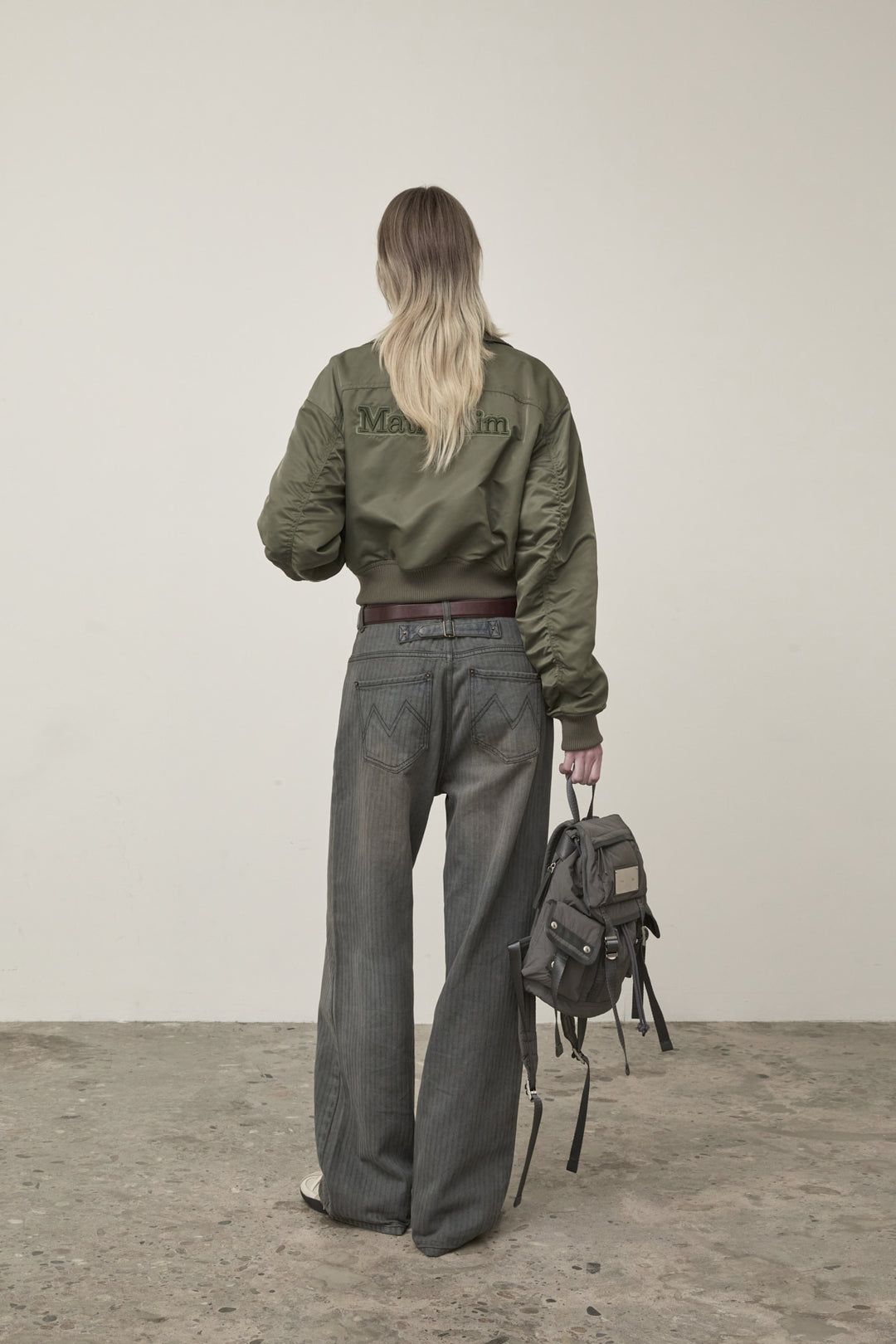 Matin Kim Appliqué Logo Shirring Bomber Jacket — Khaki