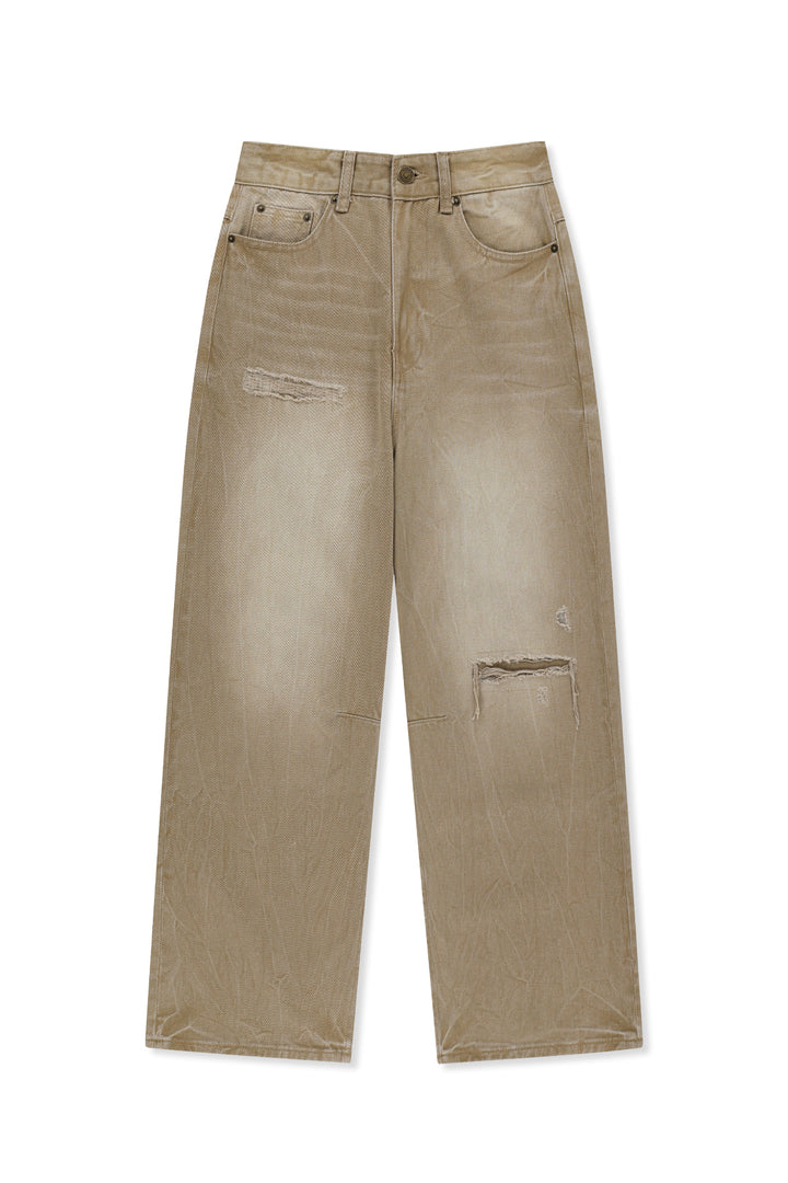 Matin Kim Back Logo Washed Denim Pants — Beige