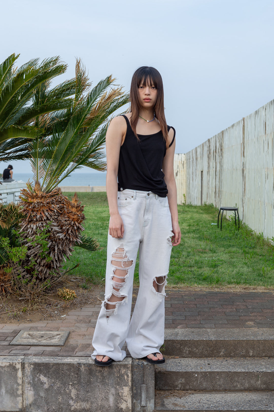 Matin Kim Unbalance Tuck Sleeveless Top — Black