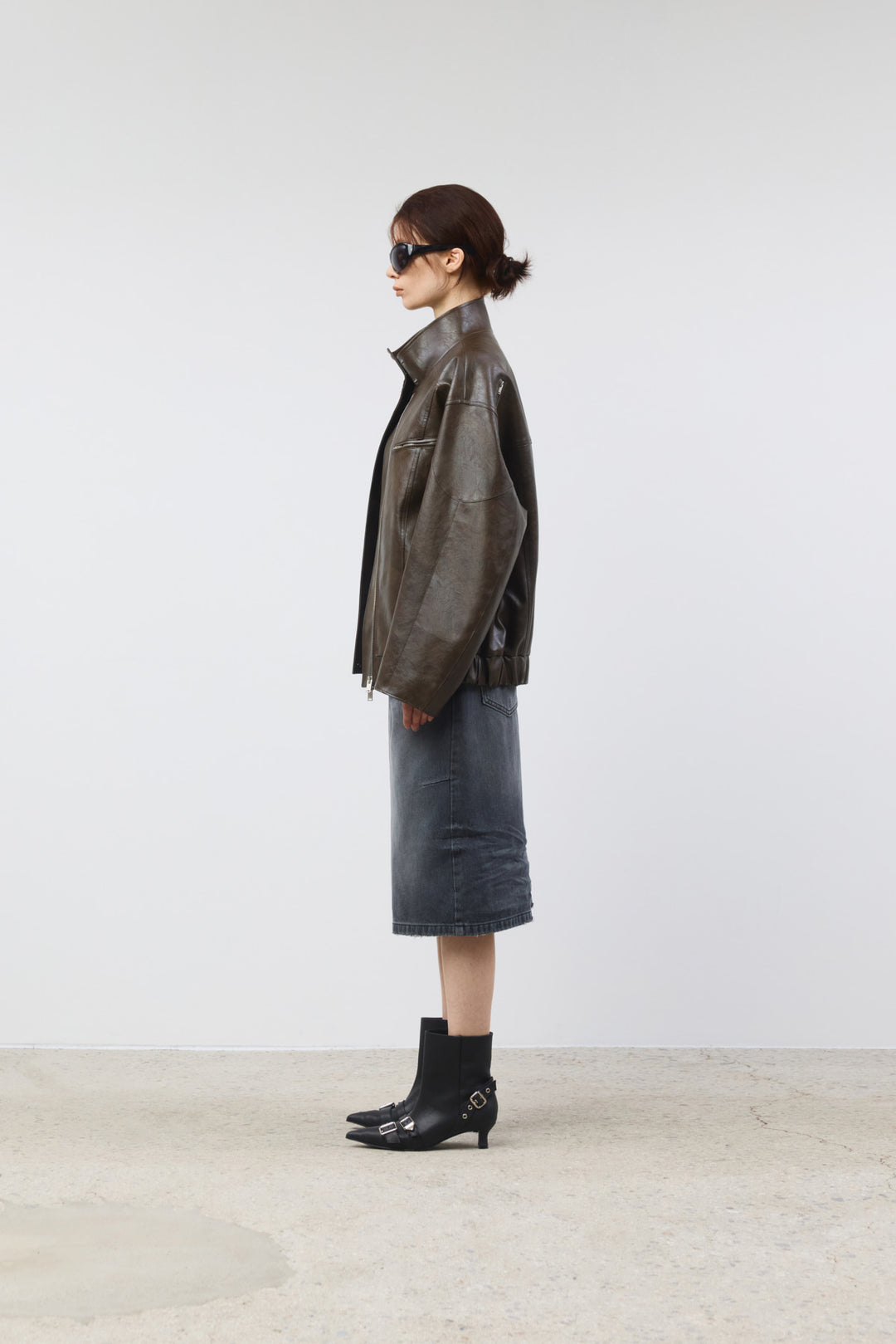 KIMMATIN Oversize Leather Biker Jumper — Brown