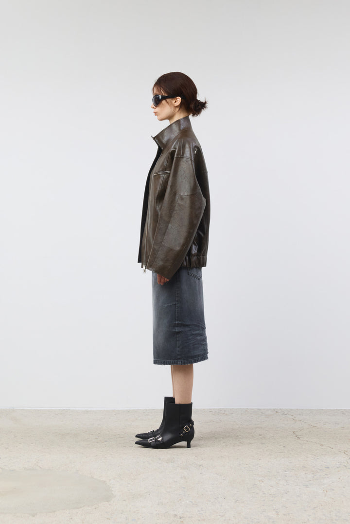 KIMMATIN Oversize Leather Biker Jumper — Brown