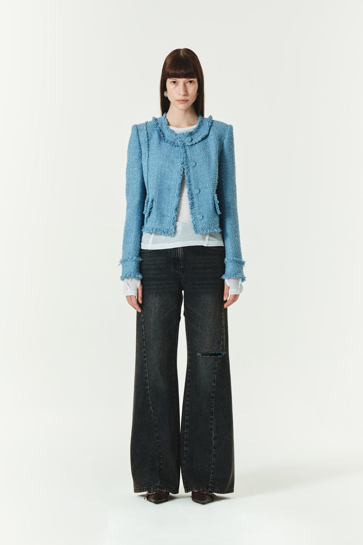 KIMMATIN Unbalance Tweed Crop Jacket