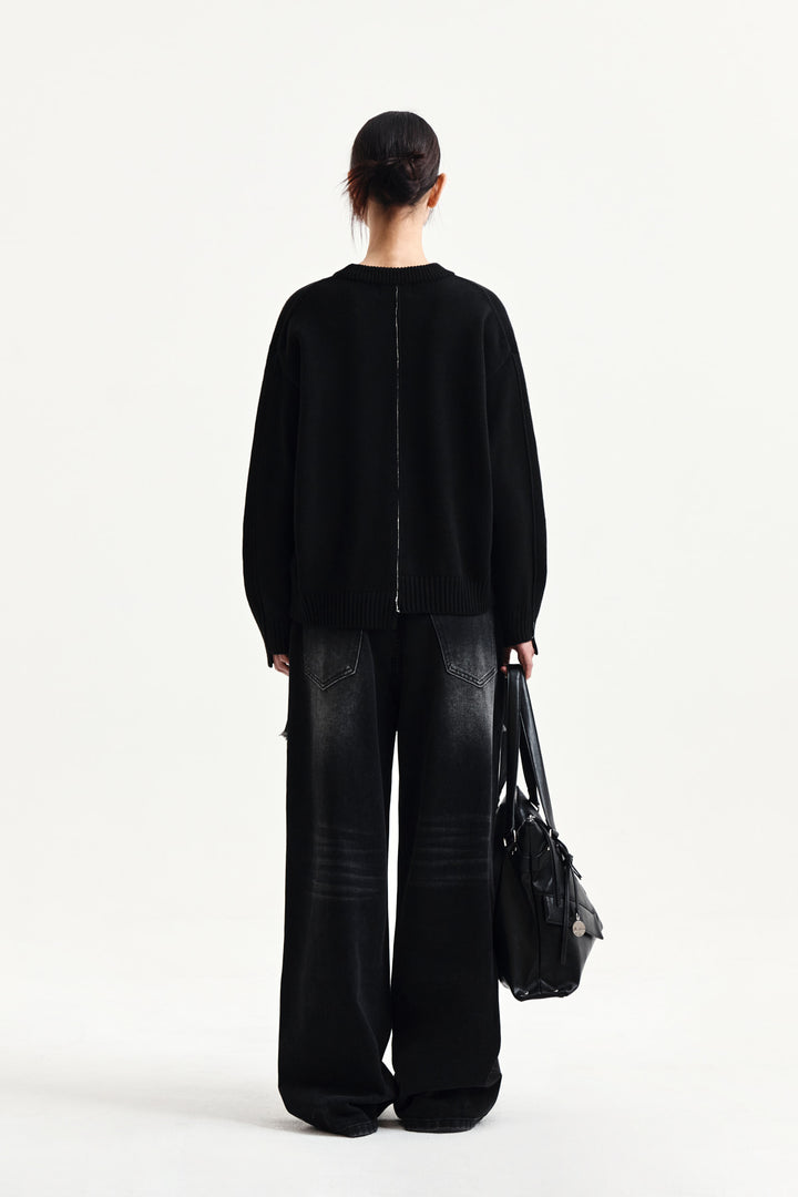 Matin Kim Asymmetric Logo Knit Pullover — Black