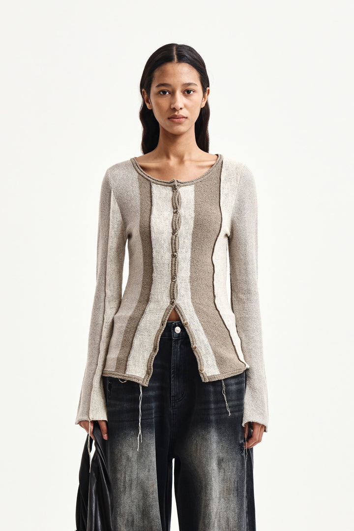 Matin Kim Color Block Slim Knit Cardigan — Beige