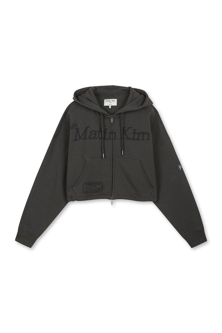Matin Kim Graffiti Artwork Crop Hoody Zip Up — Charcoal