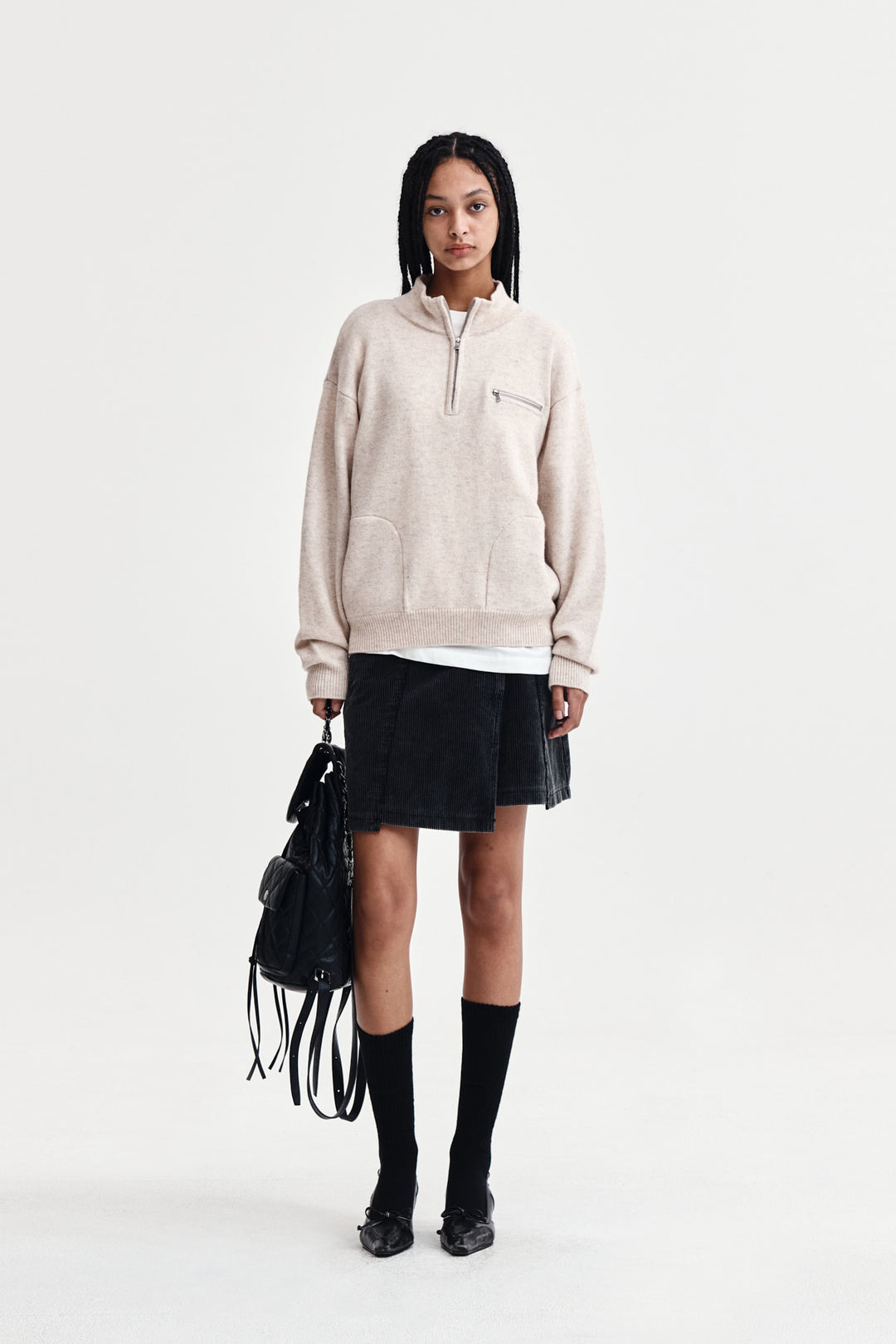 Matin Kim Back Logo Half Knit Zip Pullover — Beige