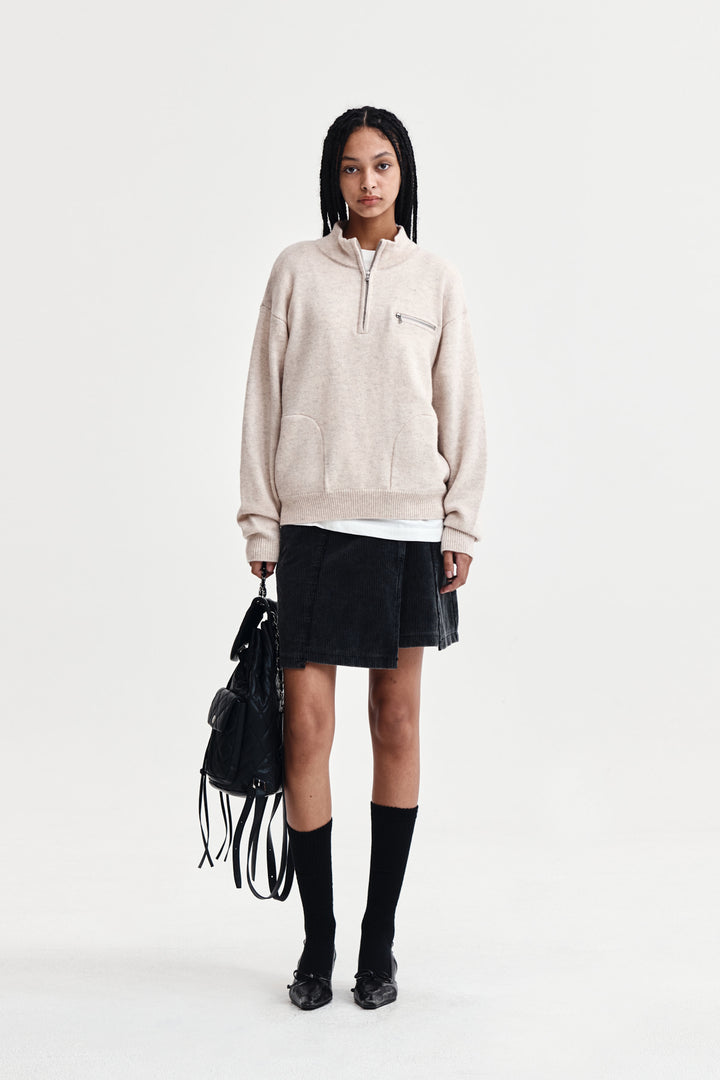 Matin Kim Back Logo Half Knit Zip Pullover — Beige