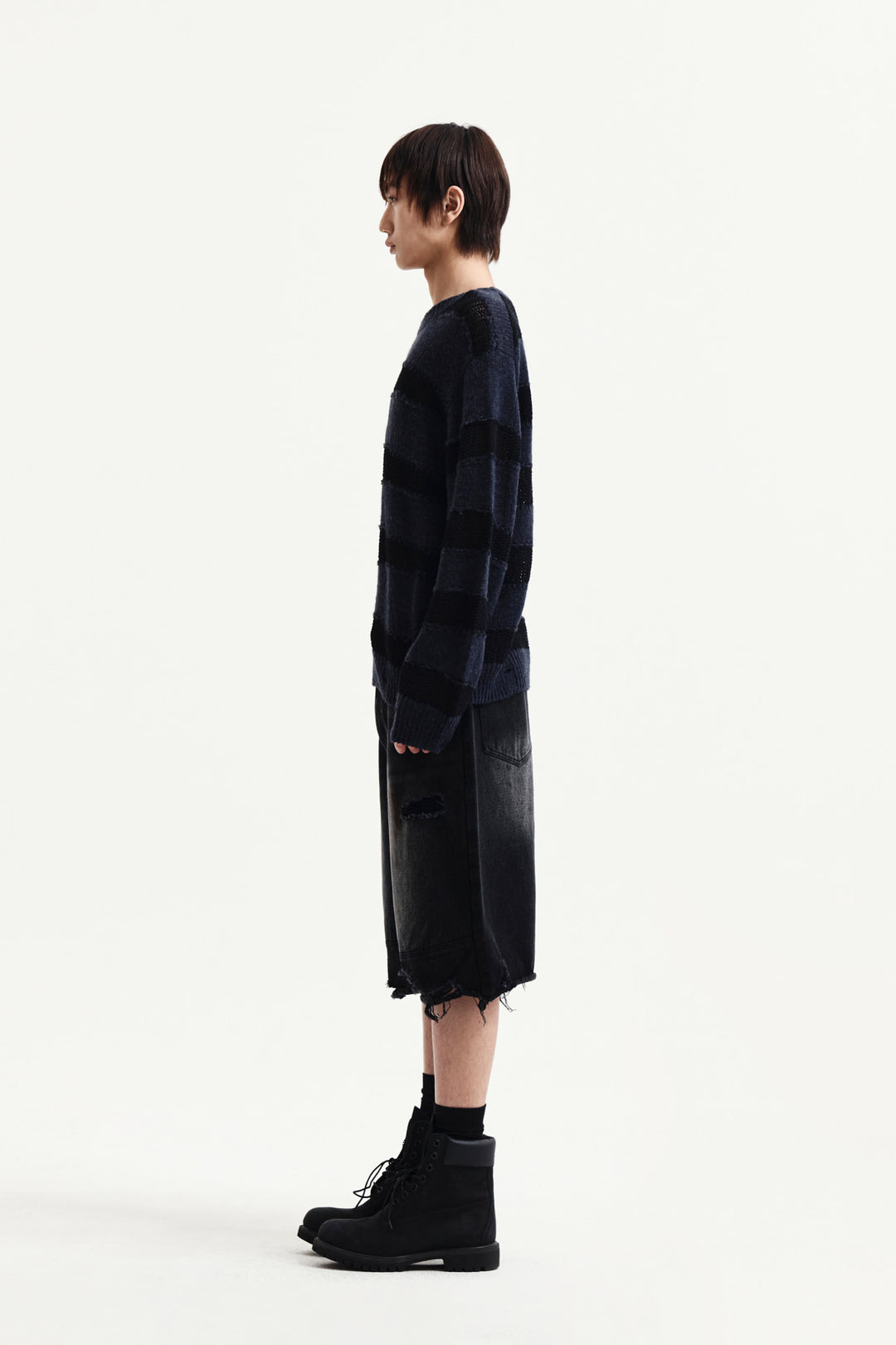 Matin Kim Texture Block Stripe Knit Pullover — Navy blue