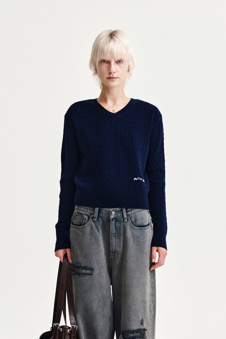Matin Kim Shiny Cable Pullover — Navy blue