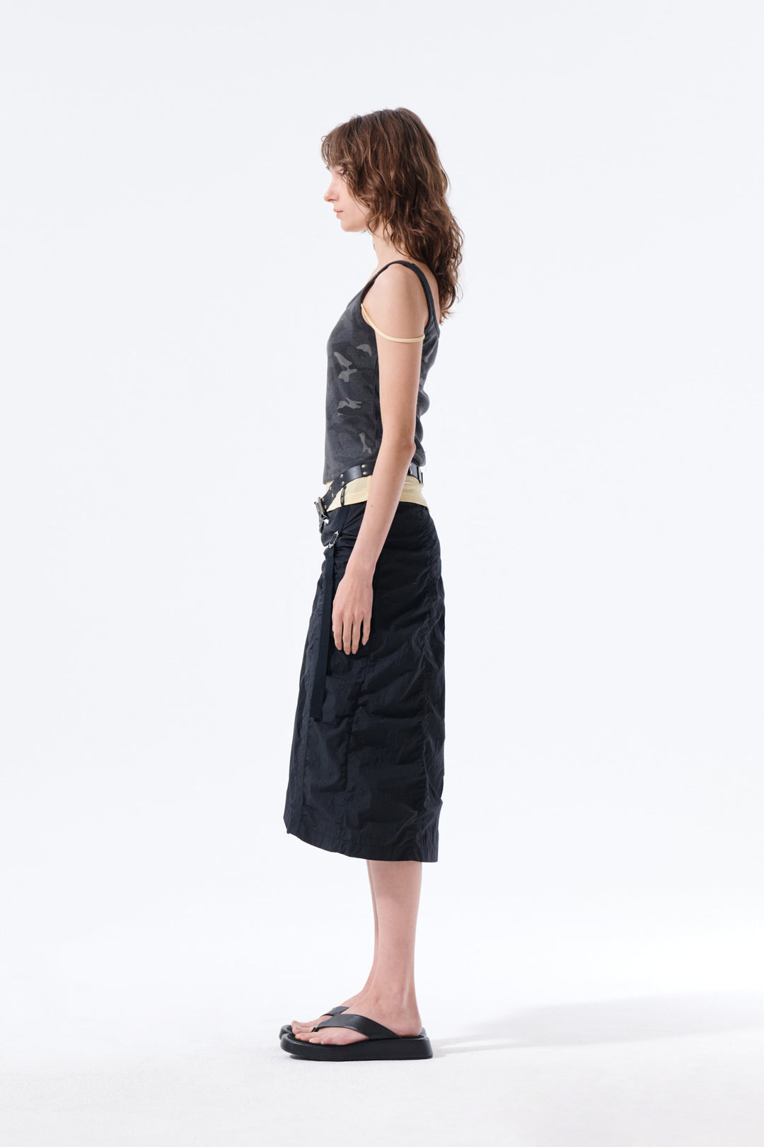 Matin Kim Nylon Shirring Midi Skirt — Black