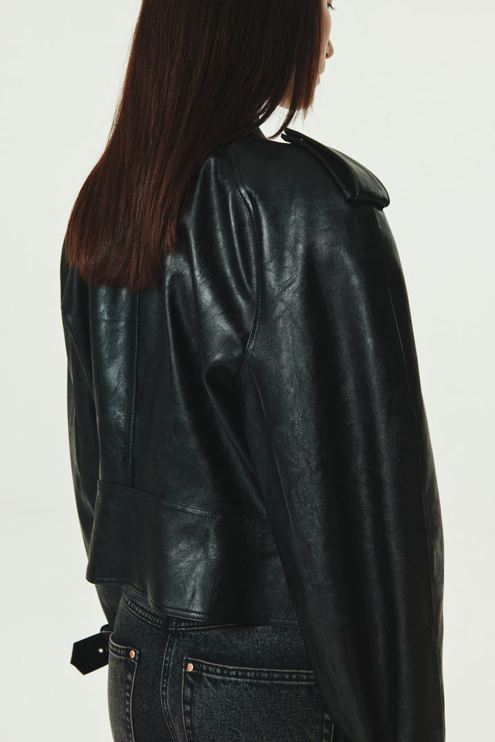 KIMMATIN Raglan Crop Leather Jumper — Black