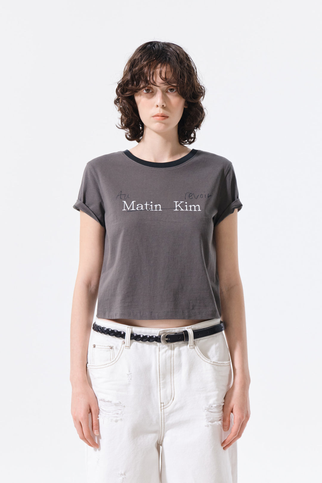 Matin Kim Tonal Rib Logo Crop Top — Charcoal
